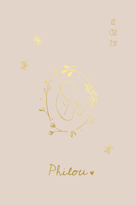 Lief beige geboortekaartje met goudfolie getekende baby met bloemetjes