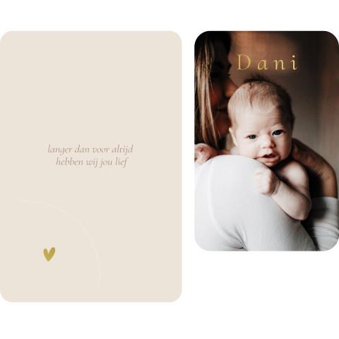 Geboortekaartje uniek labelkaart insteekkaart beige ronde hoeken foto