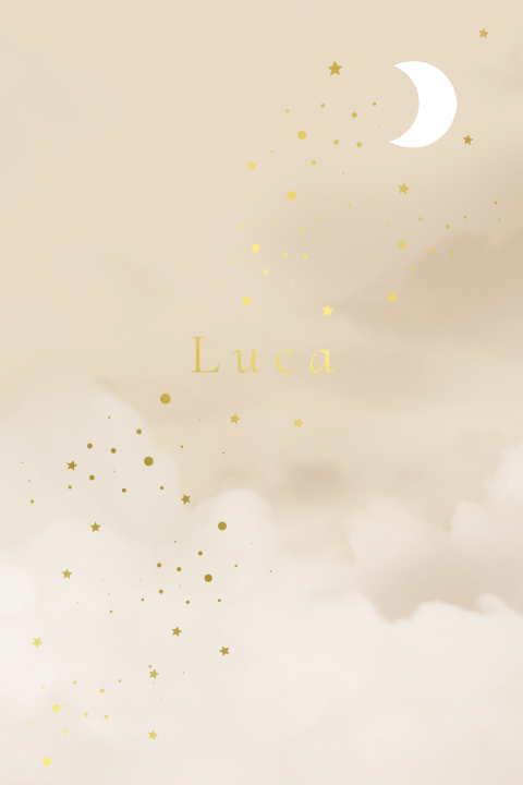 Geboortekaartje wolken maan uitsnede beige sterretjes goudfolie