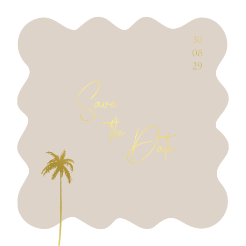 Save the date kaart golf golvende beachvibe palmboom beige goudfolie