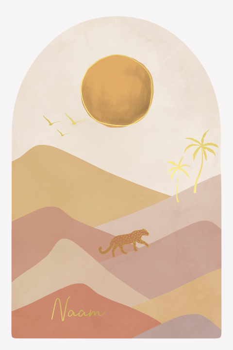 Poster met woestijnlandschap, maan, vogels en palmbomen