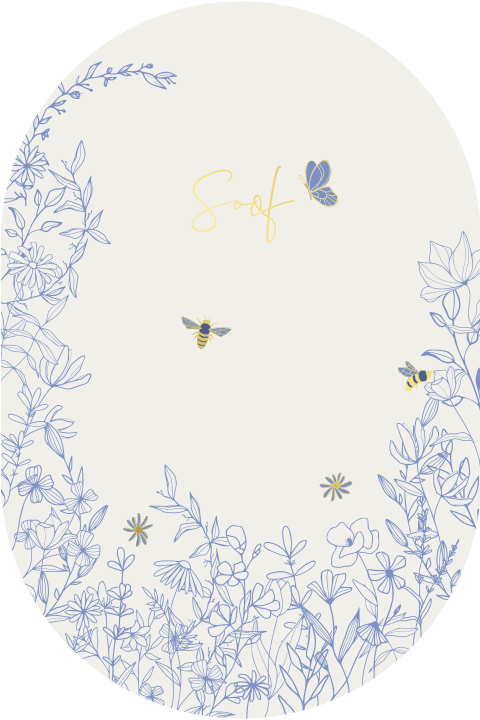 Ovaalvormig geboortekaartje met getekende bloemen, bijtjes en vlinder