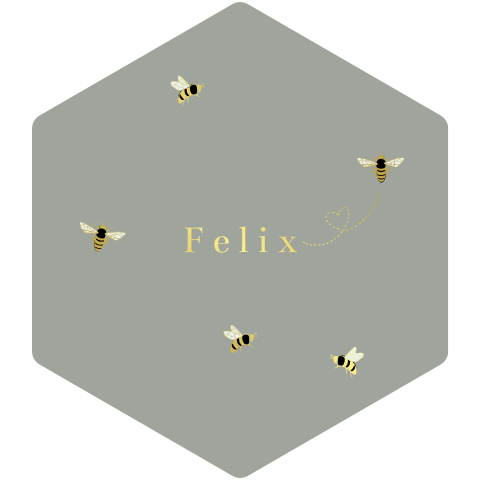 Unieke vorm bijenraat geboortekaartje met bijtjes in goudfolie