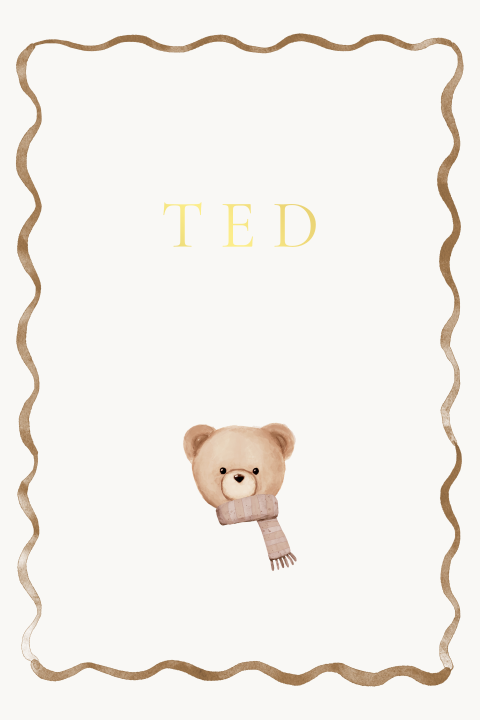 Geboortekaartje teddybeer streepjes golfjes zandkleur goudfolie