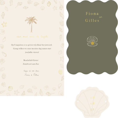 Trouwkaart beachwedding strandbruiloft groen beige zandkleuren folie