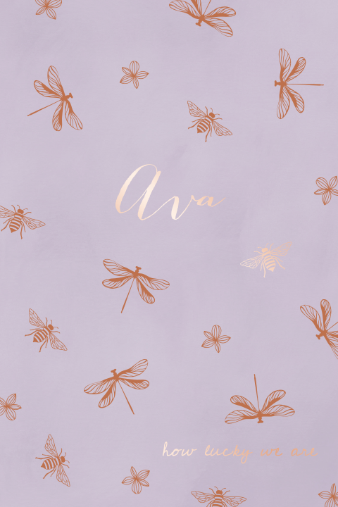 Geboortekaartje met libelles, bloemen en bijtjes in lijntekening