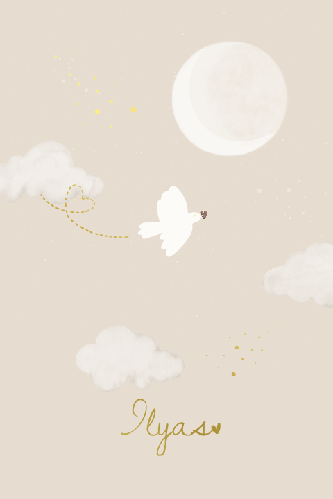 Lief geboortekaartje hartjesboog vogel maan sterren wolken goudfolie