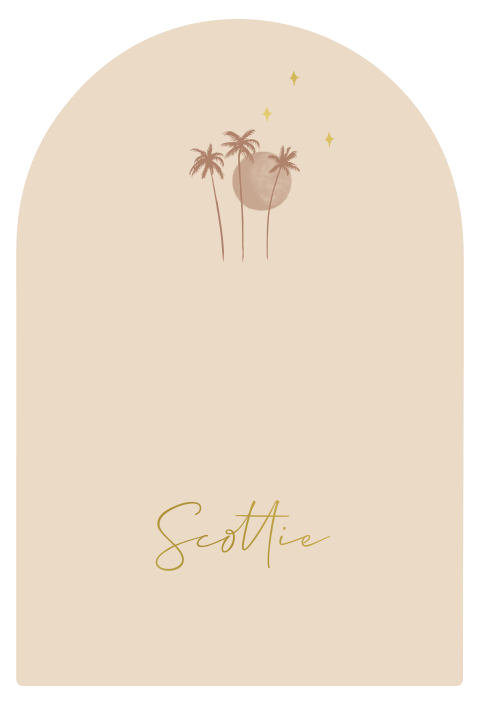 Boogvorm minimalistisch geboortekaartje met palmbomen maan sterren