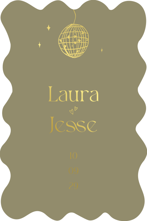 Trouwkaart vorm golf modern handgetekend discobal speels goudfolie