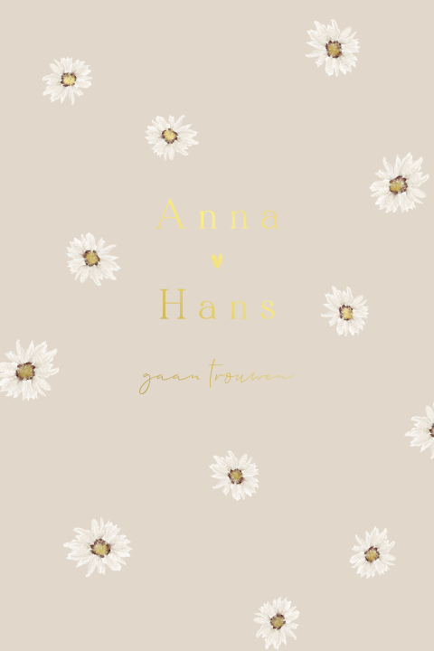 Trouwkaart beige met witte madeliefjes met goudfolie knopjes