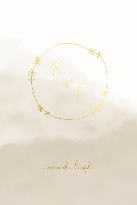 Trouwkaart met handgetekende bloemen in ronde en goudfolie initialen