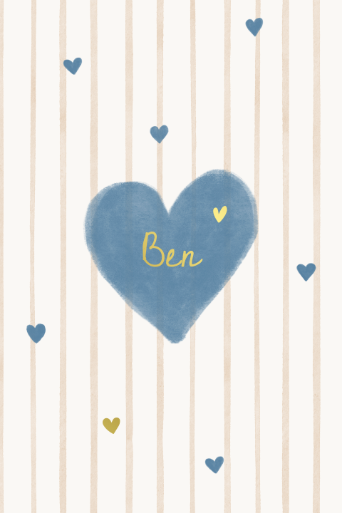 Geboortekaartje streepjes hart blauw goudfolie naam