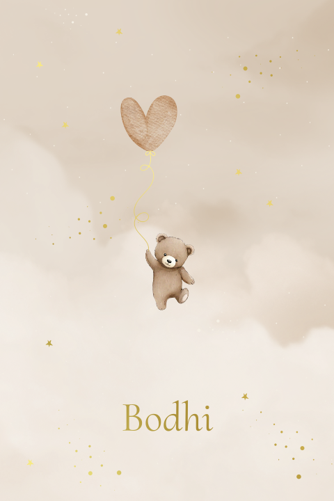 Luxe poster babykamer knuffelbeertje teddybeer hartjesballon goudfolie