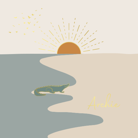 Geboortekaartje met strand, zee, ondergaande zon en krokodil