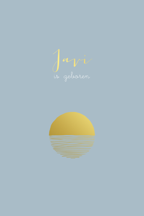 Minimalistisch geboortekaartje met ondergaande zon in zee