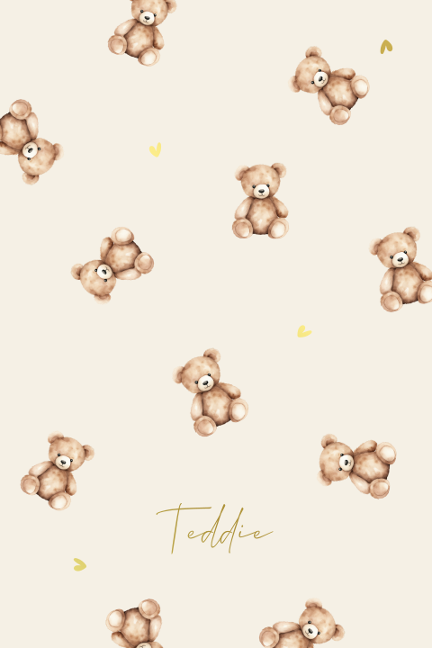 Lief geboortekaartje hartjes knuffelbeertjes beige zandkleur goudfolie