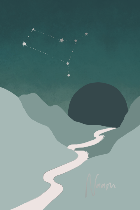 Poster met bergen, rivier, ondergaande zon en sterrenbeeld