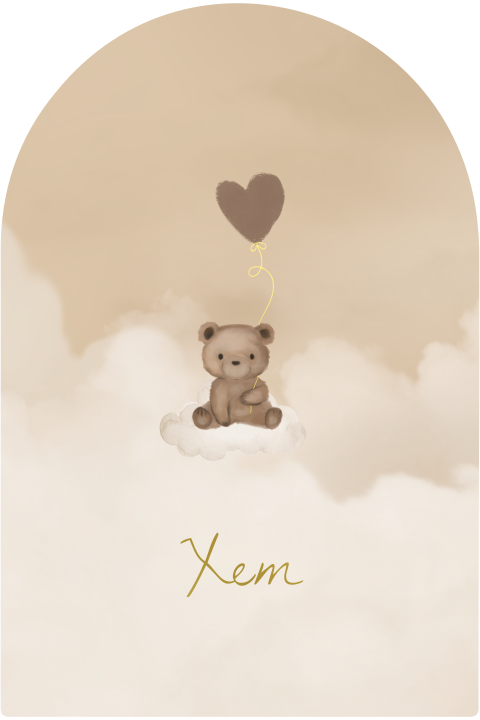 Geboortekaartje hartjesballon teddybeer boogvorm wolkjes goudfolie