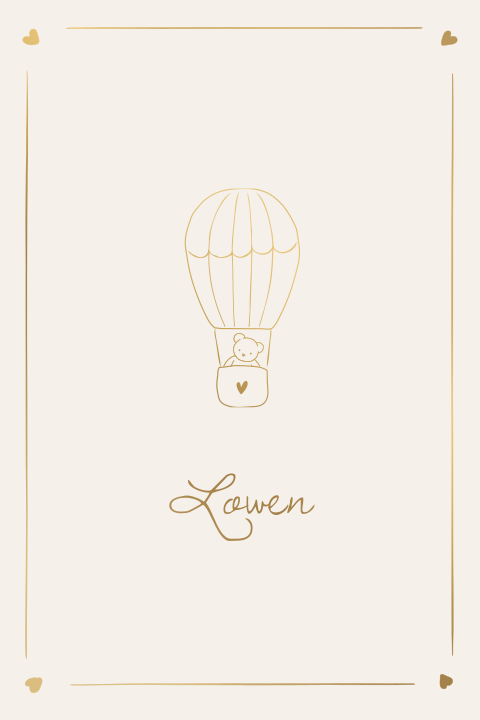 Geboortekaartje lijntekening luchtballon knuffelbeer folie