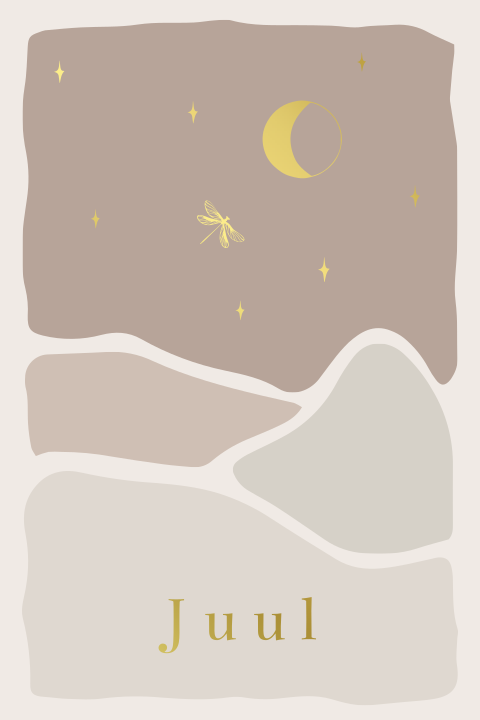 Geboortekaartje met abstract berglandschap in beige en libelle maan