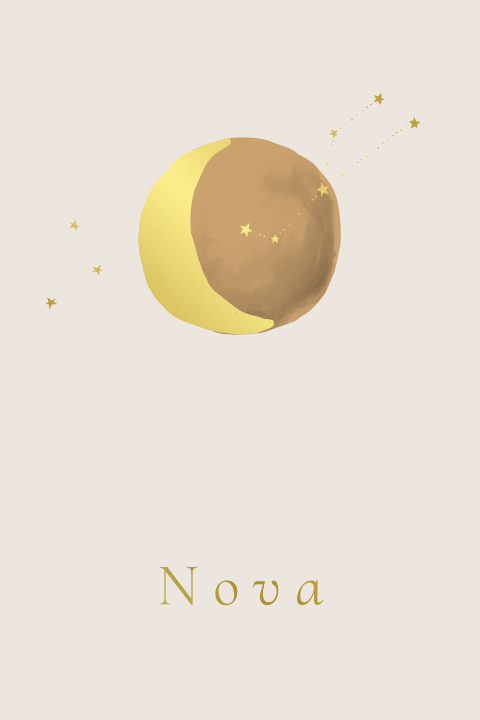 Minimalistisch geboortekaartje met maan en sterrenbeeld in folie