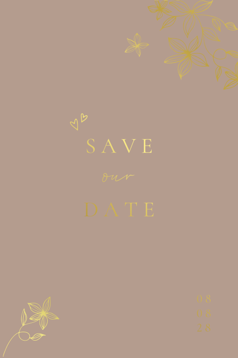 Save the date kaart handgetekend lijntekening bloemen goudfolie