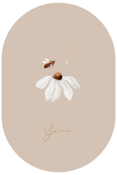 Ovaal geboortekaartje met watercolor madelief en bijtje in koperfolie