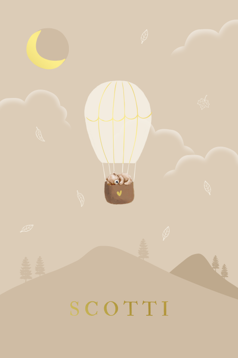 Geboortekaartje baby teddybeer luchtballon blaadjes bergen goudfolie