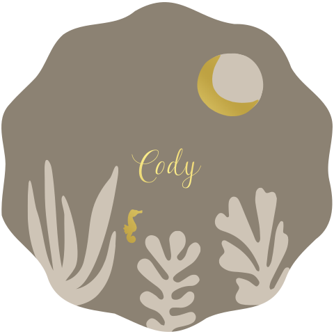 Golvend geboortekaartje met koraal en zeepaardje in koperfolie