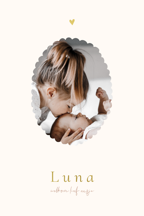 Lief geboortekaartje foto zusje baby ovaal minimalistisch goudfolie