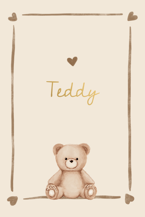 Geboortekaartje aquarel beige teddybeer hartjeskader mat goudfolie