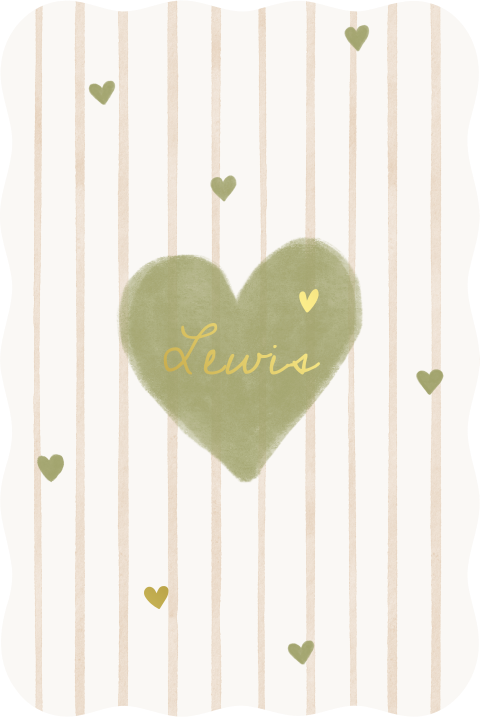 Golfvorm geboortekaartje streepjes hartjes groen goudfolie naam