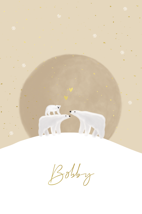 Geboortekaartje winter beige maan aquarel ijsbeer familie goudfolie