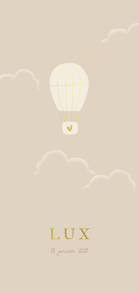 Geboortekaartje langwerpig luchtballon wolken aqaurel beige goudfolie