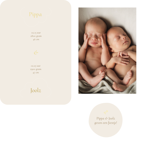 Label uniek wolkjes tweeling geboortekaartje foto inschuif goudfolie
