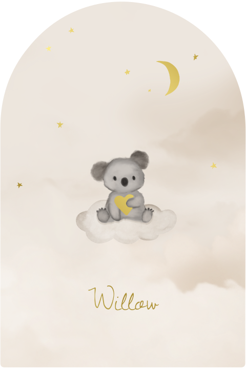 Geboortekaartje aquarel koalabeertje wolkjes boogvorm goudfolie