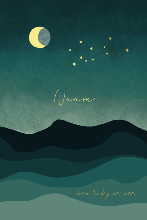Poster met bergen, maan en sterrenbeeld in de nacht in goudfolie