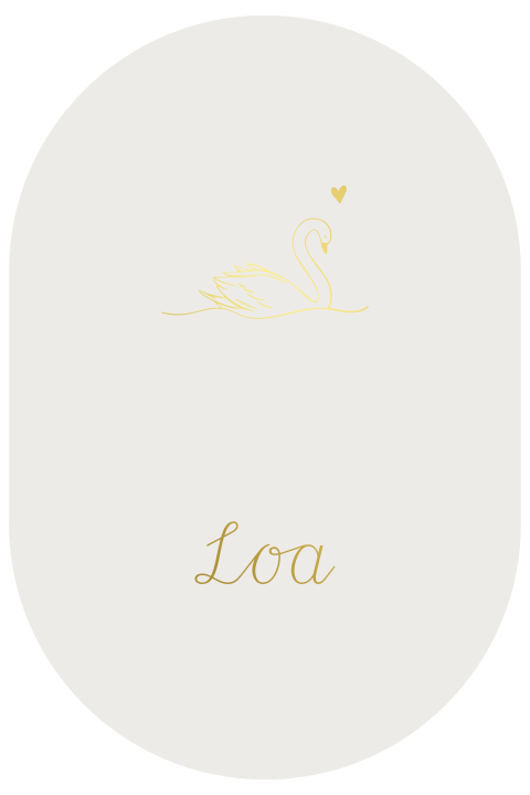 Ovaal geboortekaartje met lijntekening zwaan in goudfolie
