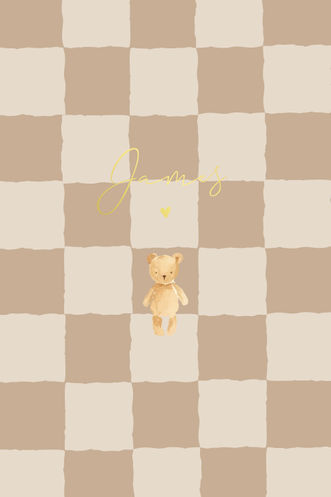 Trendy geboortekaartje met vierkant patroon in beige en goudfolie