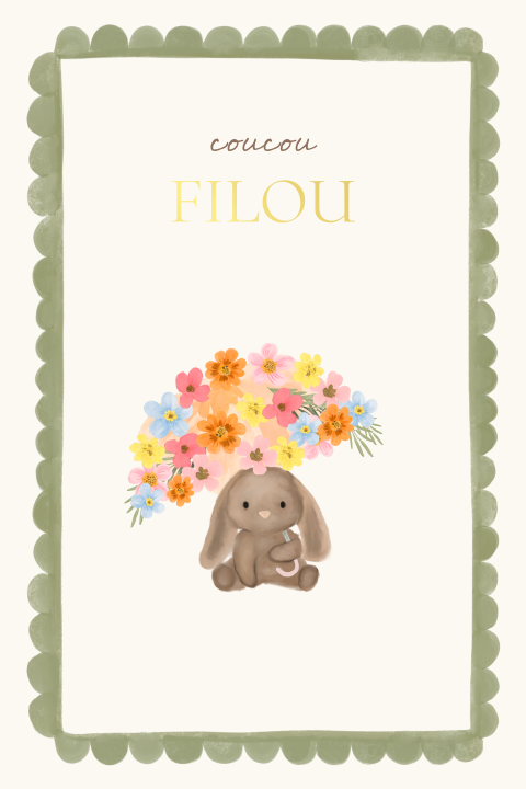 Golfjes geboortekaartje knuffelkonijntje meisje lente goudfolie