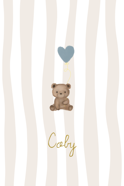 Geboortekaartje streepjes hartjesballon knuffel teddybeer goudfolie