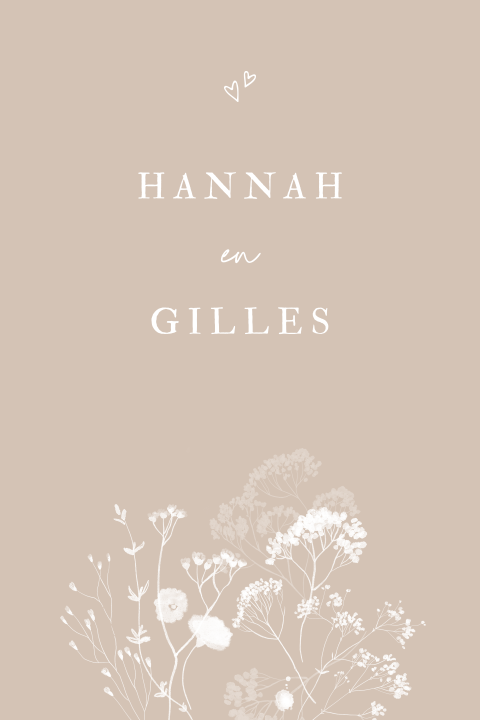 Trouwkaart met witte droogbloemen klassiek modern beige