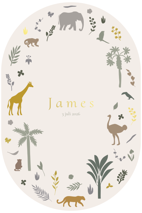 Ovaal geboortekaartje met safaridieren, bomen en planten silhouetten