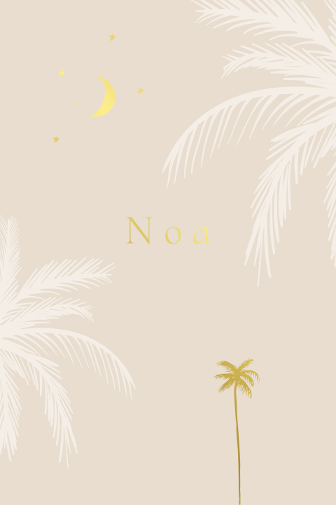 Geboortekaartje met palmbomen en maan getekend in beige en goudfolie