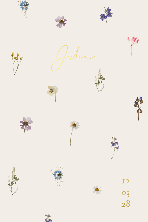 Lief droogbloemen geboortekaartje met verschillende bloemen goudfolie