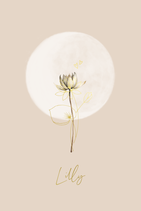 Geboortebloem juli lelie geboortekaartje zand vollemaan goudfolie