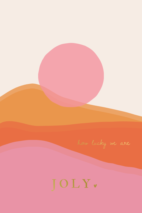 Geboortekaartje happy colors meisje bergen zon roze oranje goudfolie