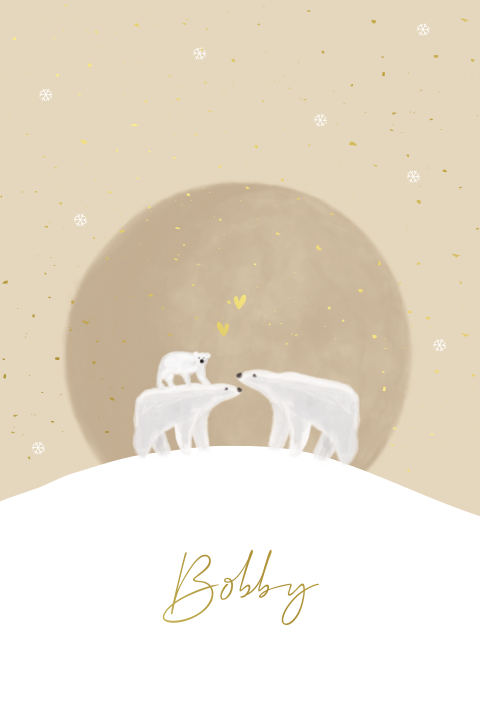 Geboortekaartje winter beige maan aquarel ijsbeer familie goudfolie