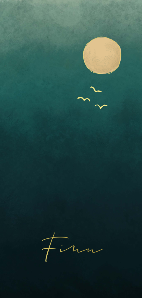 Minimalistisch geboortekaartje met maan en vogels in goudfolie