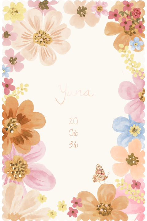 Kleurrijk bloemen golfjesrand geboortekaartje lente rosegoudfolie